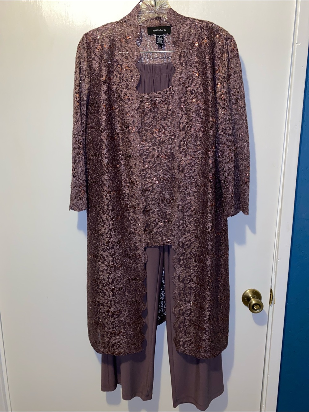 R&M Richards Mauve Sequined Lace Duster with Coordinating Shell & Pants